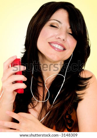 A woman listens to music