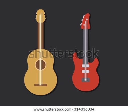Two flat stylized guitars: classic acoustic and modern electric. Simple cartoon vector illustration of musical instruments.