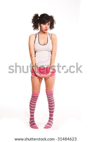 Young beautiful woman in fitness. On white background.