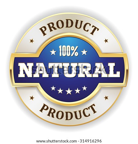 Blue natural product badge with gold border on white background