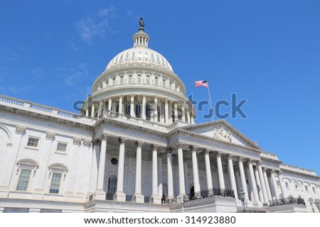 Washington DC, United States landmark. National Capitol building with US flag. Royalty-Free Stock Photo #314923880