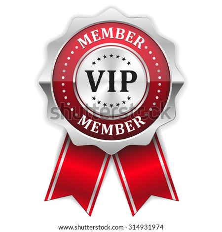 Red vip member rosette with silver border on white background
