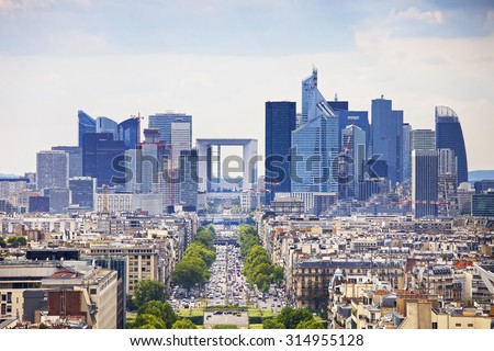 La Defense business area, La Grande Armee avenue. View from Arc de Triomphe. Paris, France, Europe.