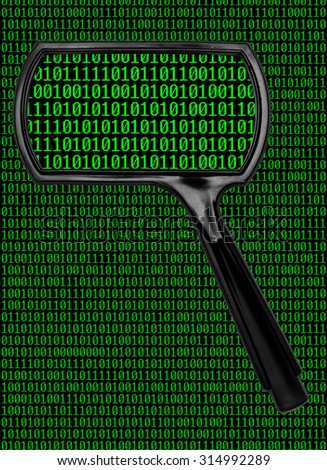 A magnifying glass over a computer screen with green 1s and 0s.