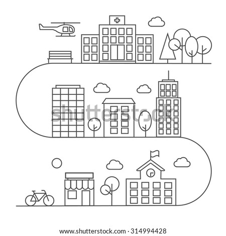 Cityscape in linear style with hospital, school, buildings, skyscrapers, helicopter, bicycle, shop, vector illustration