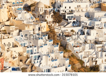 Cityscape of Fira town in Santorini, right before sunset
