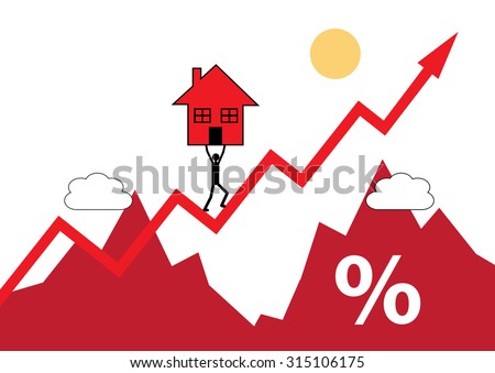 A house symbol being carried up a rising graph. A metaphor on rising house values and cost.