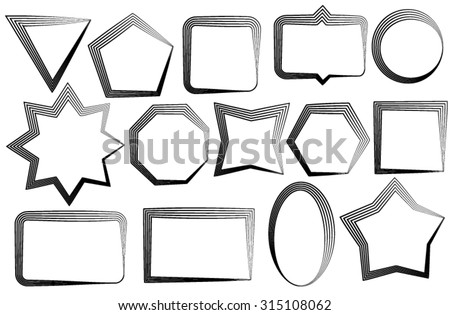 A set of black surround frames of different shapes on a white background, drawn with a pen in several layers.