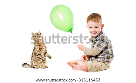 Cheerful child and curious cat Scottish Straight isolated on white background