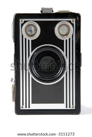 Front view of vintage camera over a white background