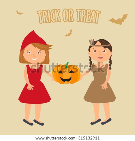 Vector Illustration of cute little girls portraits in halloween costume. Little Red Riding Hood and Pocahontas holding  pumpkin in theire hands. Trick or treat illustration.