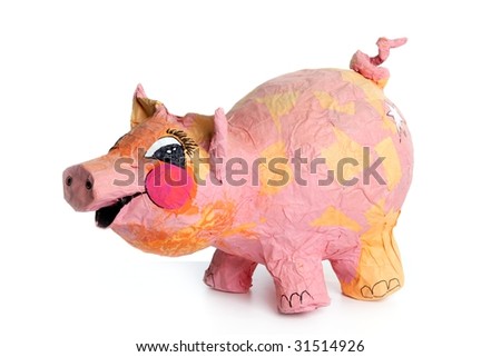 Cute little pink pig cartoon handmade toy isolated on white