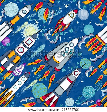 hand drawn cartoon space seamless pattern. rockets,  planets and stars
