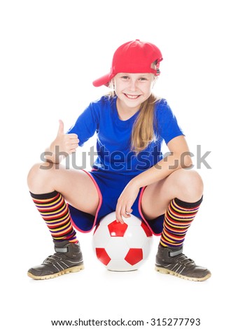 Beautiful girl in a sports cap and a T-shirt with a ball on a white background.