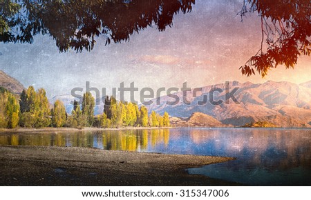 Natural mountain lake landscape in old grunge style