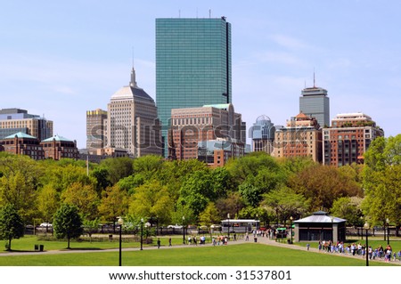 Boston cityscape in the spring, from the Common, in Beacon Hill. View of Back Bay commercial district, office buildings and residential apartments.
