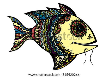 Zentangle stylized Fish. Hand Drawn doodle vector illustration isolated on white background. Sketch for tattoo or makhenda.