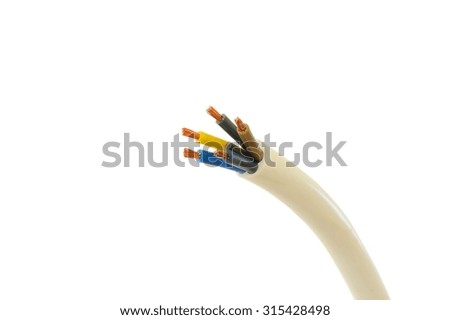 Close up of the electrical cable: section and copper wires, isolated
