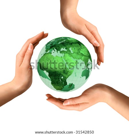 Conceptual recycling symbol made from hands over Earth globe Environment and ecology concept