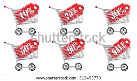Shopping cart with sale tag. Concept of discount. Vector illustration.