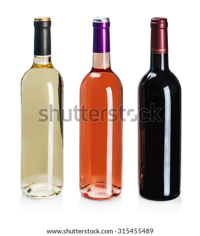 bottles of wine of different types isolated on a white background