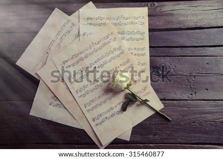 Beautiful rose on music sheets on wooden background