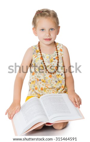 Adorable little blonde girl sitting on his lap and flipping through a thick book-Isolated on white background