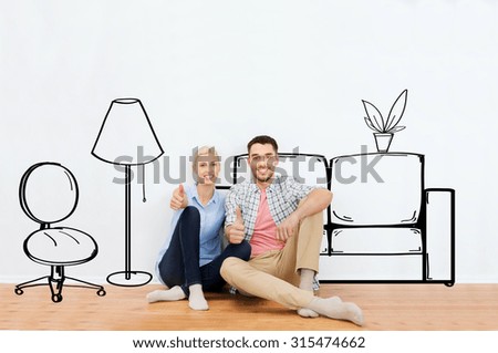 people, repair, moving in, interior and real estate concept - happy couple sitting on floor and showing thumbs up at new home over furniture cartoon or sketch background