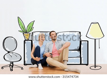 people, repair, moving in, interior and real estate concept - happy couple of man and woman sitting on floor at new home over furniture cartoon or sketch background
