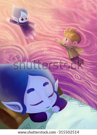 Illustration: The Snow Princess Sleeps. In her dream she become a water drop flying to her world. And the little boy doesn't want her leave. Fantastic Cartoon Style Scene Wallpaper Background Design.