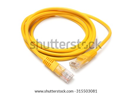 Network ethernet cable with RJ45 connectors on white background