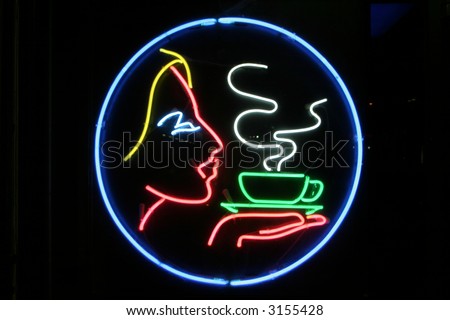 "neon sign" series "female face with steaming coffee cup"