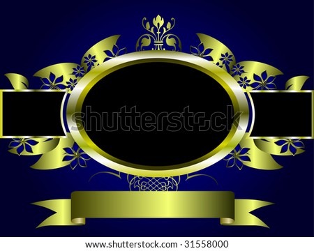 A gold floral design with room for text on a royal blue background