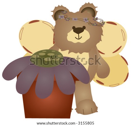 Bear wearing butterfly wings,standing behind a potted flower.