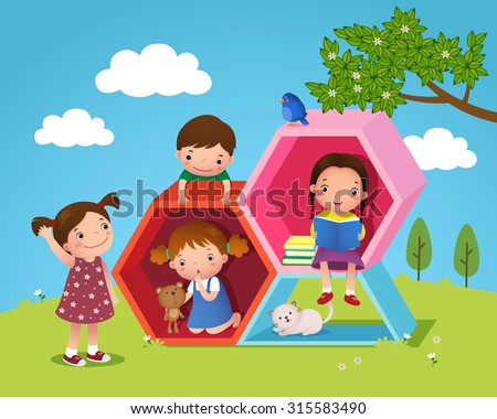 Illustration of kids playing and reading with hexagon shaped in the yard