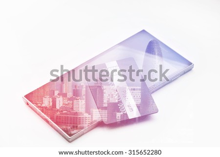 Double exposure of  credit card on smartphone. Business and travel concept. Vintage style  filtered picture