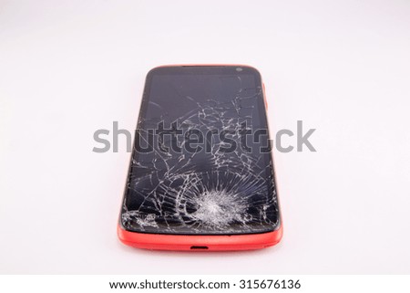 broken screen pink phone isolated on white