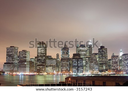 Lower Manhattan skyline At Night Lights, NYC