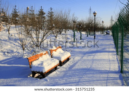 park chair in the snow, closeup of photo