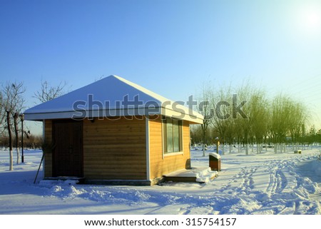 park cabin in the snow, closeup of photo