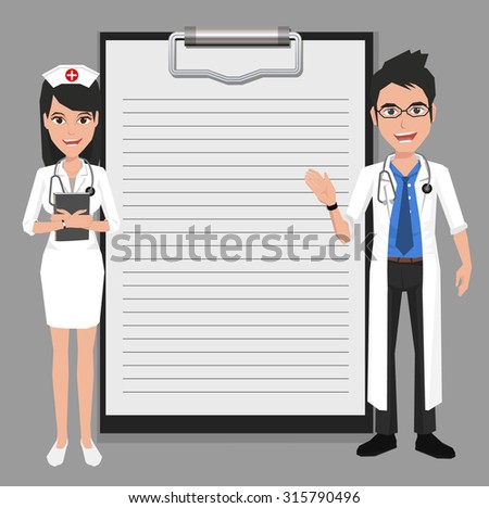 Doctor and Nurse showing blank clipboard sign for presentation - character design vector illustration