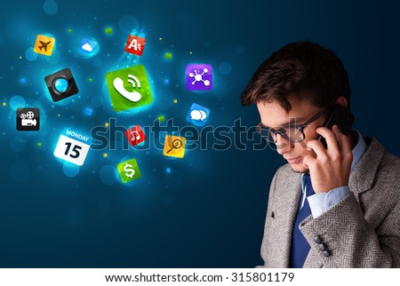 Handsome young man calling by phone with various icons