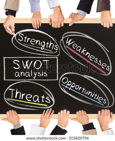 Photo of business hands holding blackboard and writing SWOT diagram