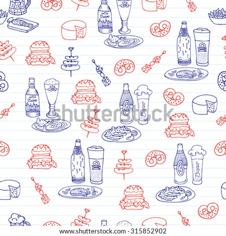 Hand drawn vector seamless Oktoberfest pattern. Beer festival doodles. Beer bottles, glasses, food and snacks. Can be used for backgrounds, fabric prints, scrapbooking, cards, design paper