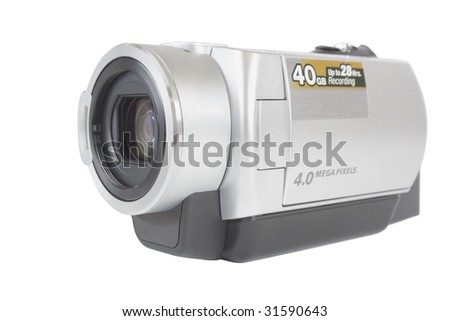 Digital video camera isolated over white 3/4 view no trademark