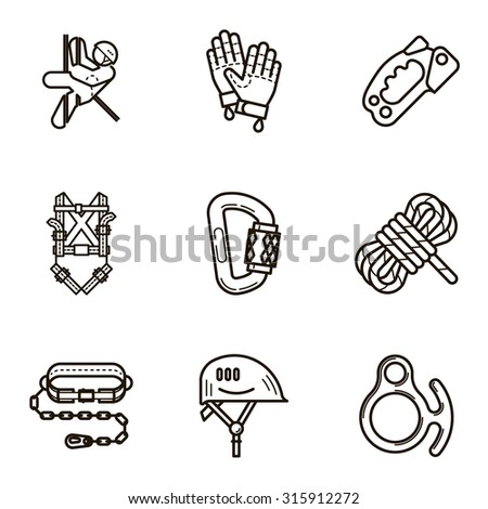 Black flat line vector icon set with a picture of Equipment for industrial mountaineering on white background.