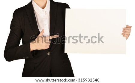 Woman headless pointing forefinger on whiteboard. On a white background.