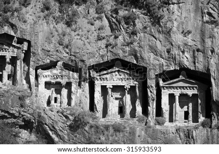 Lycian Tombs of ancient Caunos city, Dalyan, Turkey. Toned.