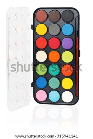 Aquarelle colors in a plastic box isolated on a white background