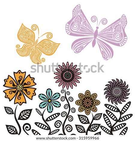 Flowers and butterflies vector illustration